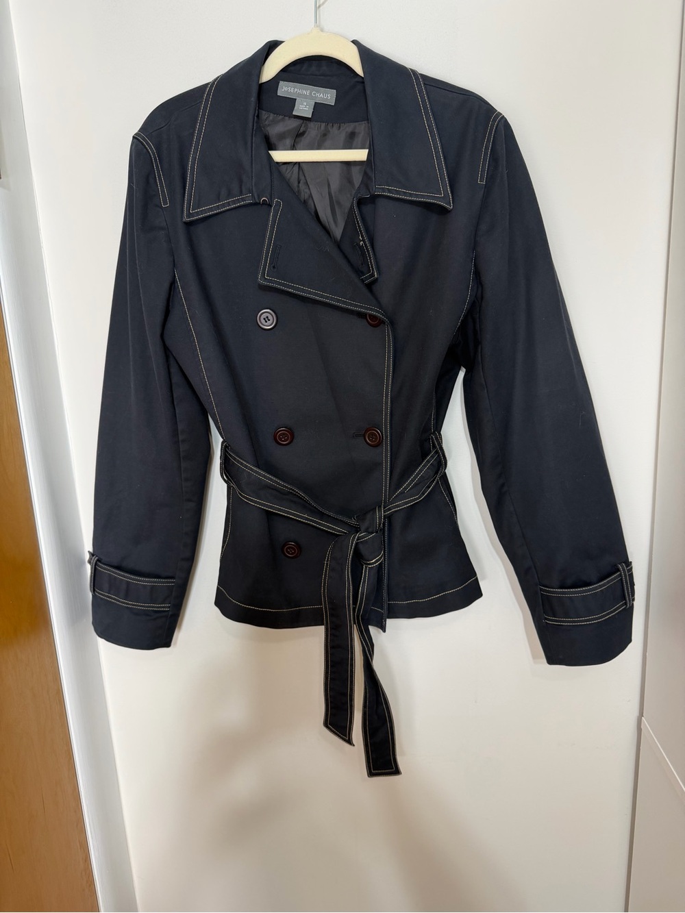 Josephine Chaus Navy Blue Belted Trench Jacket Size 16 Contrast Stitch - Picture 2 of 12